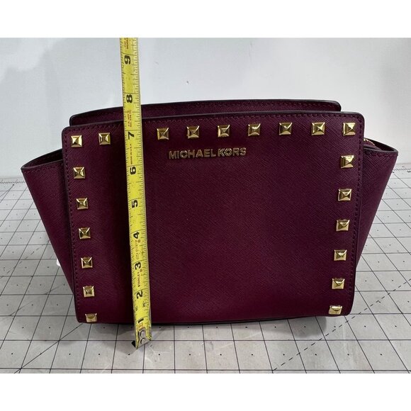 Michael Kors Selma Studded Saffiano Leather Messenger Crossbody Bag Merlot Plum - Picture 9 of 10